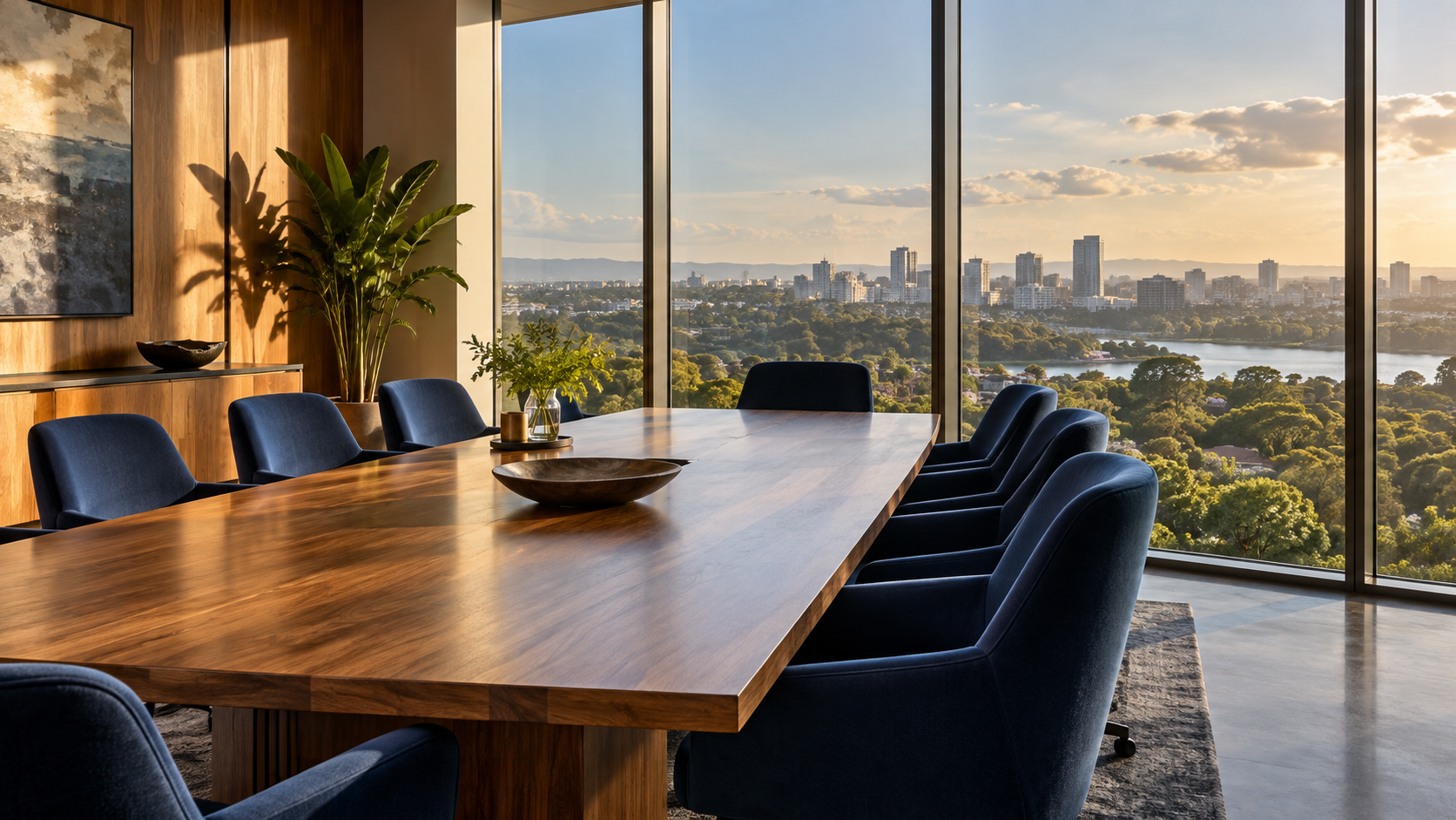 Illustrative executive meeting space with a city landscape beyond