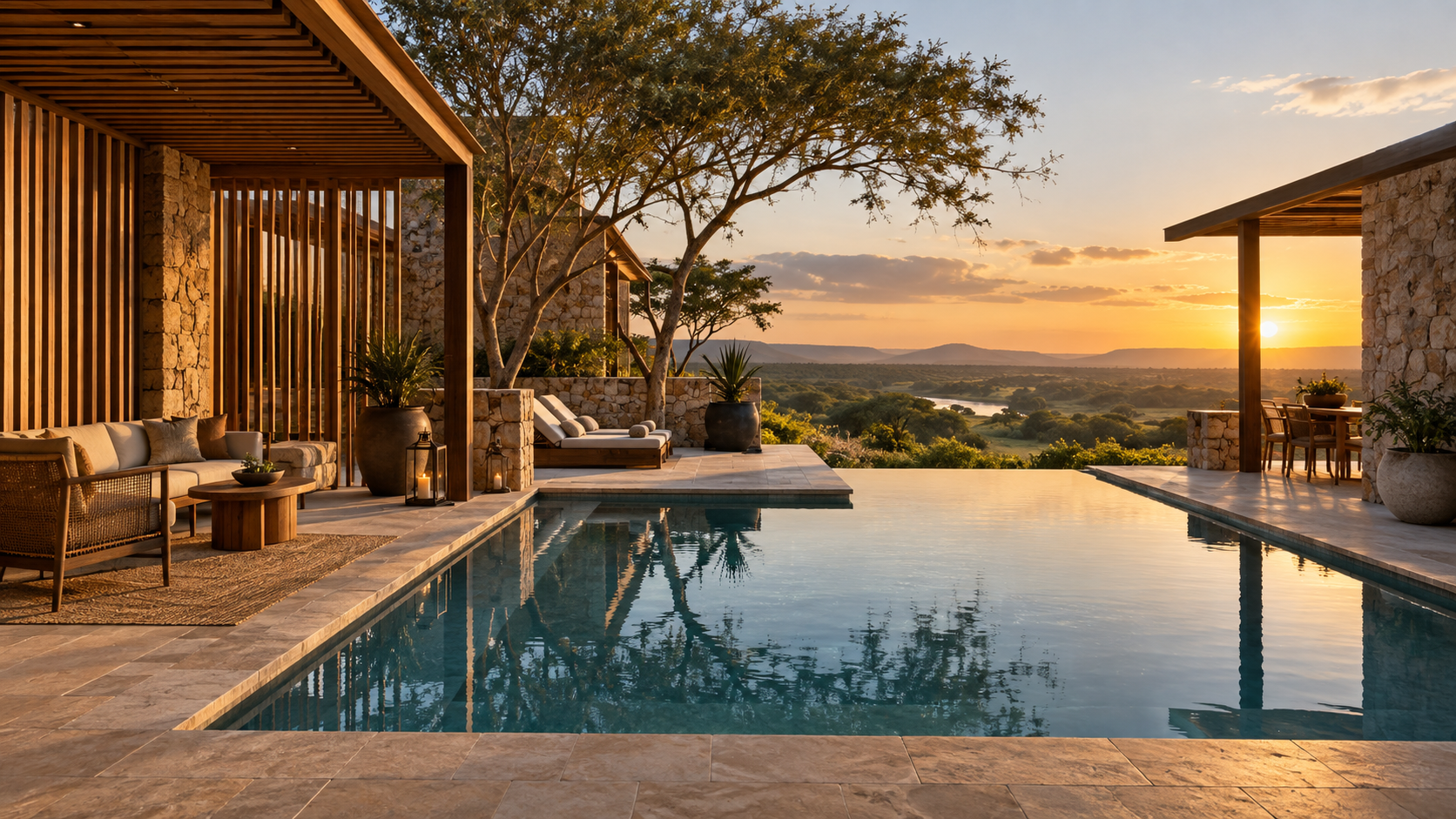 Illustrative contemporary lodge courtyard with a pool and natural landscape