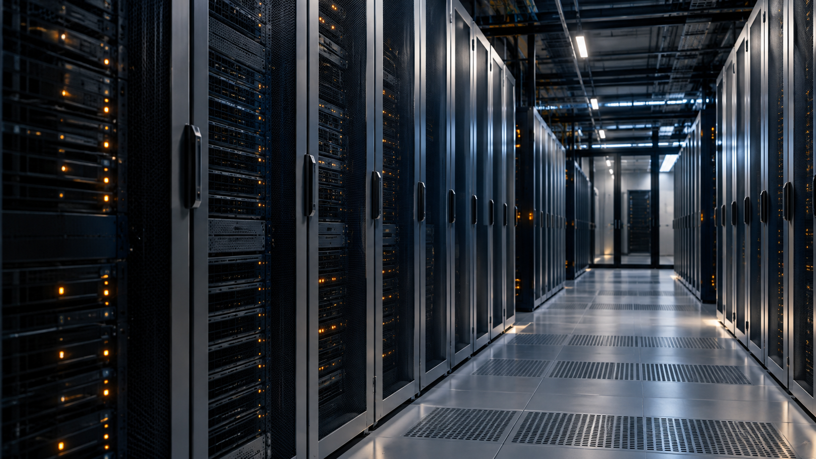 Illustrative enterprise server hall with carefully arranged computing infrastructure