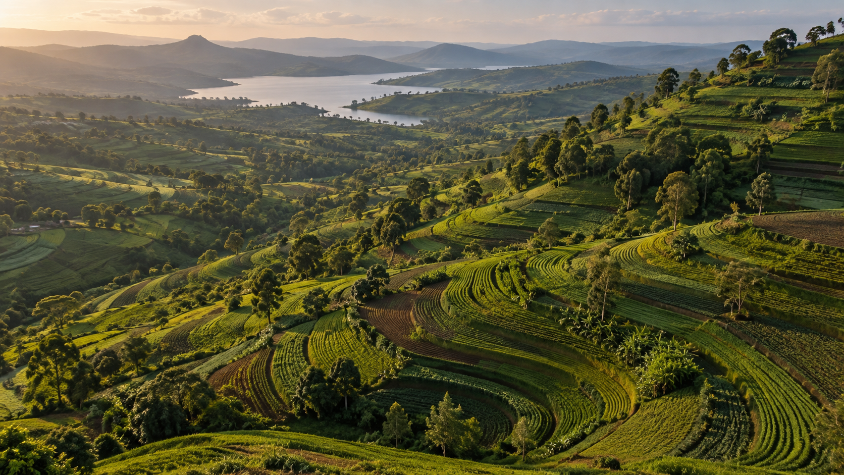 Illustrative green terraced landscape in East Africa
